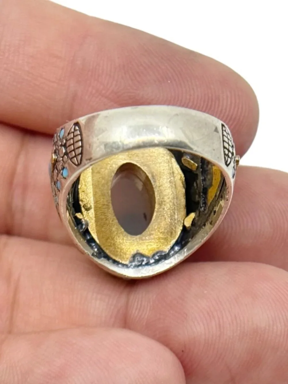 CG Turkish 925 sterling silver & brass Agate enamel Ottoman style ring - GM1244